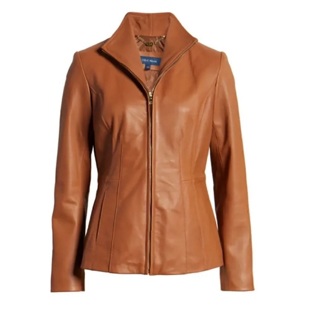 COLE HAAN Brown Tan Lambskin Leather Jacket XS
